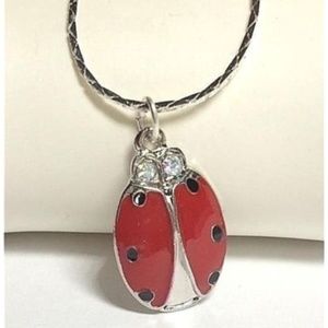 Silver Ladybug Necklace Crystal 18" Red Enamel